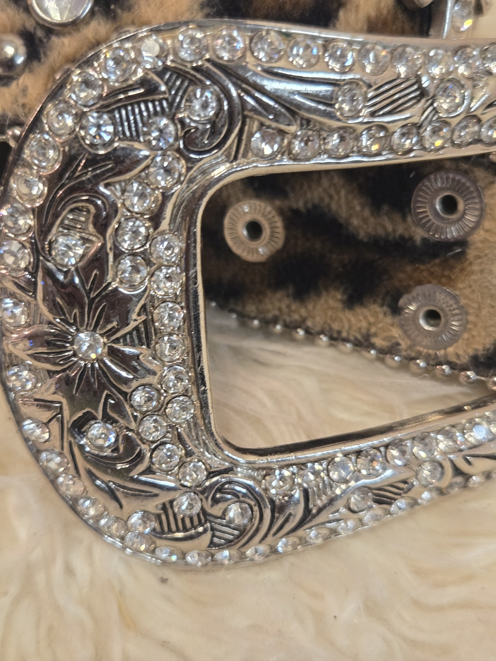 Vintage Silver Crystal Western Buckle with Leopard Accent